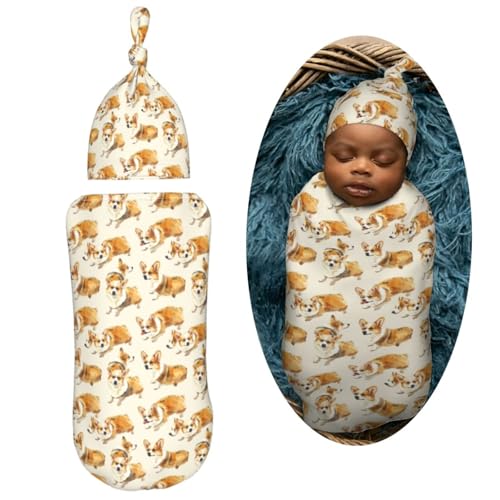 Image of Watercolor Cute Corgi Newborn Swaddle Blankets Hat Sets Soft Baby Receiving Blanket Swaddle Sack for Baby Shower Infant Boy Girl Gift