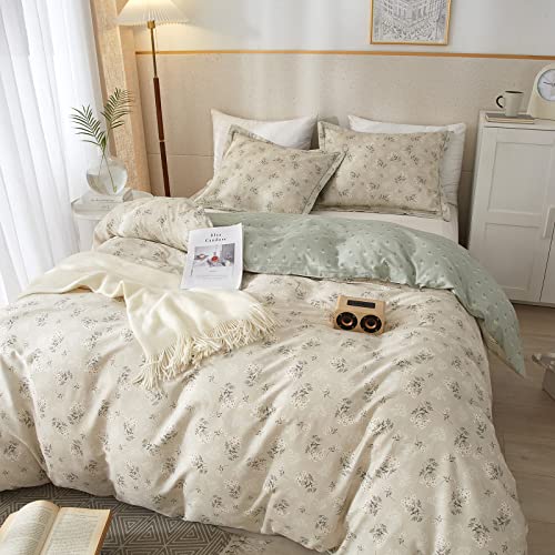 VM VOUGEMARKET Floral Bedding Twin Reversible Gray Beige Flower Duvet Cover Set,Cottagecore Duvet Cover Matching 2 Pillowcases 100% Cotton Chic Girls Bedding Set -Twin(68"x86")
