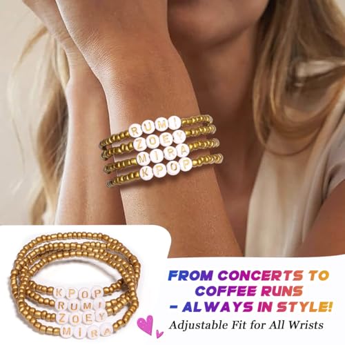 AICase for Kpop Demon Hunters Golden Merch Rumi Zoey Mira Inspired Bracelets for Saja 4 Pcs Stackable Stretch Friendship Beaded Bracelets for Huntrix k pop Merchandise Jewelry Gifts for Fans3
