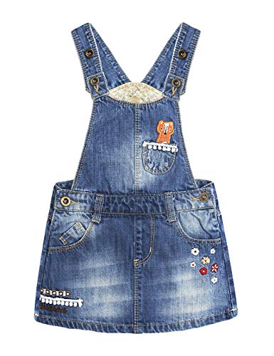 Image of KIDSCOOL SPACE Baby Little Girls Fox Flowers Embroidered Lace Denim Overall Dress