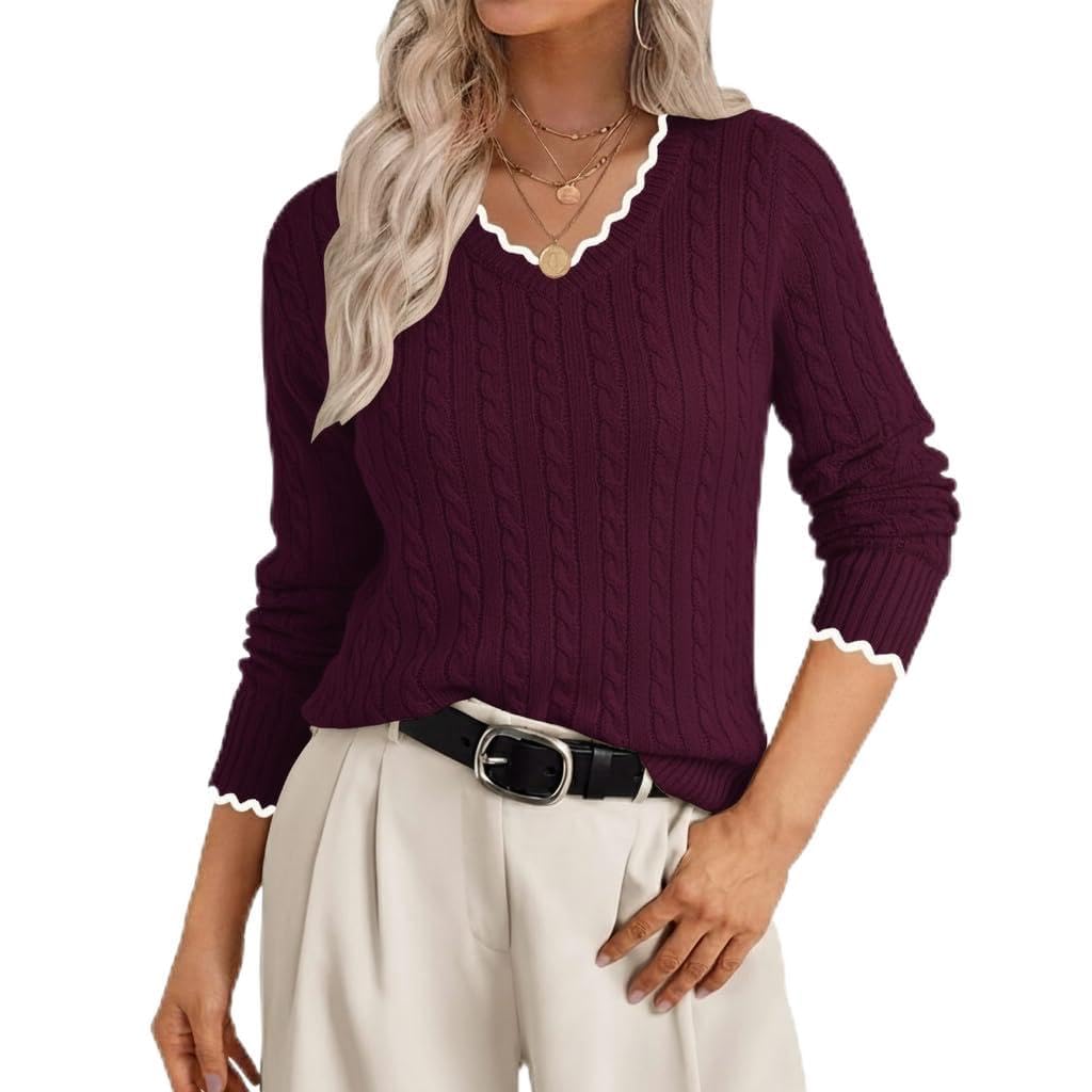 Womens Cable V Neck Sweater Casual Long Sleeve Lightweight Knit Soft Trendy Classic Pullover Sweaters Dressy Casual Tops