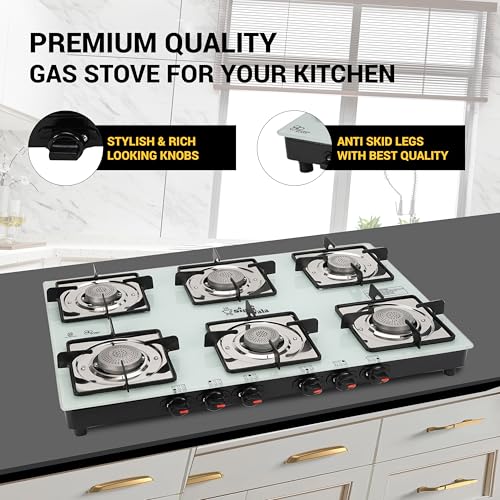 Image of Sigri-Wala 6 Burner Manual Gas Stove for Kitchen | Orchid White Toughened Glass Cooktop | LPG Compatible | High Efficiency Burners | ISI Certified