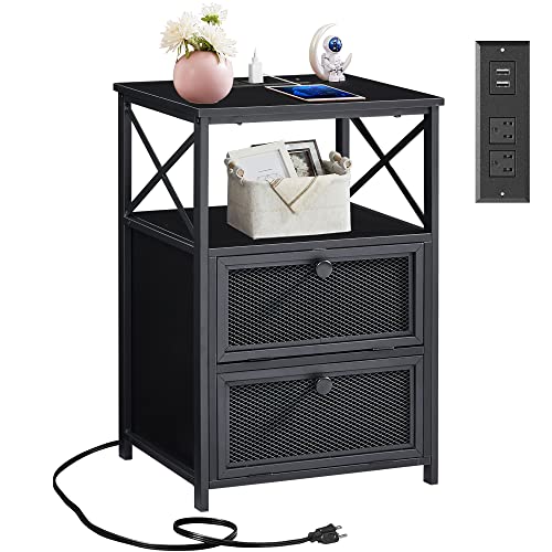 Vecelo Black End Table With Usb Ports And Outlets,24Inch Nightstands With Charging Station And Storage Shelf For Bedroom,Living Room, 1 Set #TOP10