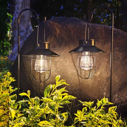 Solar Lantern 2pack Outdoor Hanging Light- Waterproof Vintage Metal Light with Shepherd Hook...