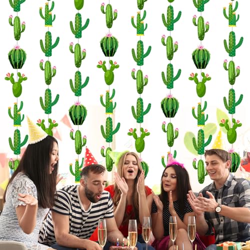 Image of Spakon 8 Pcs Cactus Garlands Decoration Fiesta Party Banner Mexican Taco Green Hanging Paper Garlands Tropical Plant Cutouts for Birthday Baby Shower Luau Hawaiian Carnivals Festivals Party Decor