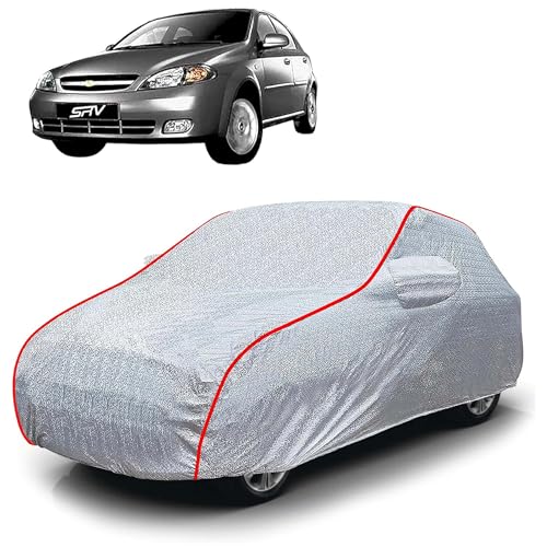Image of Sulfar 100% Waterproof Car Body Cover Compatible with Mirror for Chevrolet Optra SRV (Triple Stitched, Full Bottom Elastic, Magic Silver with Red Piping)