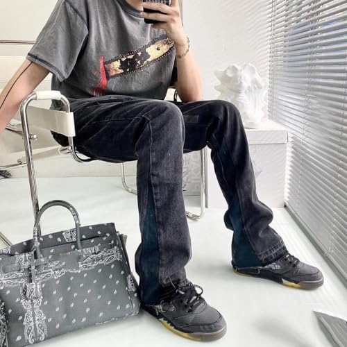Vintage Flared Jeans for Men Y2k Streetwear Frayed Jean Pants Baggy Hip Hop Graffiti Colorblock Slim Fit Denim Jeans Man Black black1 323