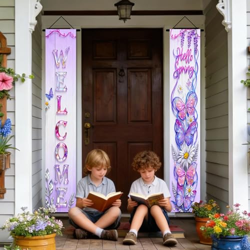 Image of Nuxovilar Front Door Porch Sign Entrance Banner Set 12x71in Polyester