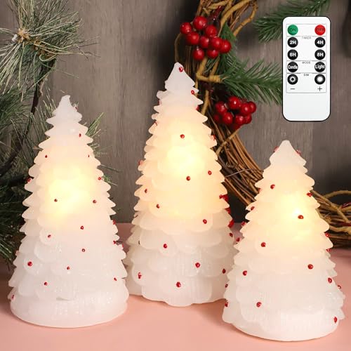 Image of MELTONE LED Christmas Candles with Remote: Handmade Carved Christmas Tree Real Wax Holiday Flameless Candles - Home Party Bedroom Xmas Holiday Easter Spring Decorations - Set of 3