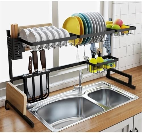 Adjustable Over-The-Sink Dish Drying Rack, 2-Tier Stainless Steel Dish Drainer with Hooks - Space-Saving Kitchen Organizer - Image 2