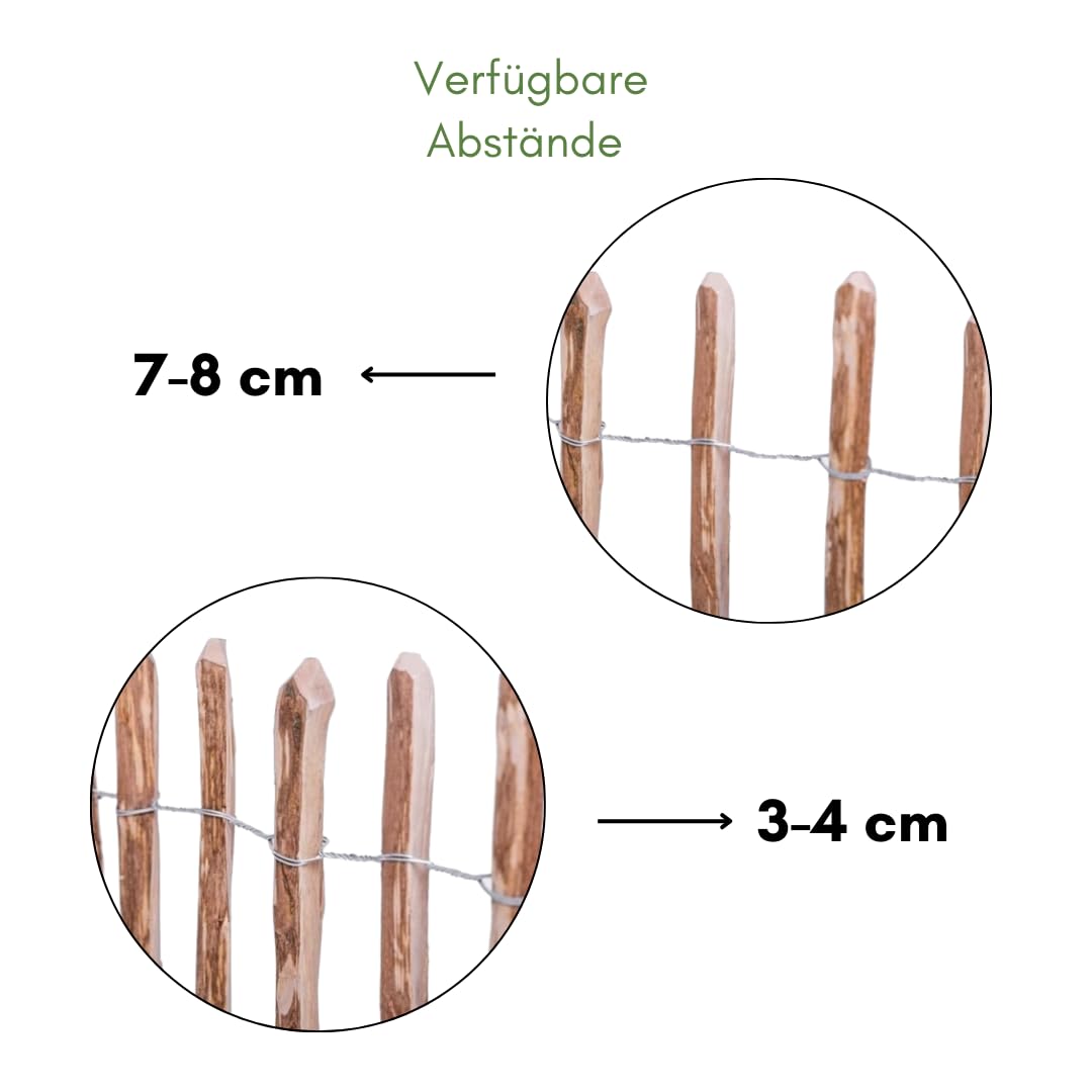 Sevico Staketenzaun imprägniert Haselnuss Holzzaun Haselnussholz Zaunlatte Rollzaun Kastanienzaun Gartenzaun 35 cm x 5m+ Pflock, Lattenabstand: 7-8 cm