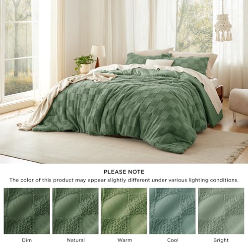 Image of Bedsure King Size Comforter Set Green, Boho Tufted Bed Set, Checkered Farmhouse-Style Distressed Vintage Bedding, 3 Pieces, 1 Plaid Geometric Comforter and 2 Pillow Shams