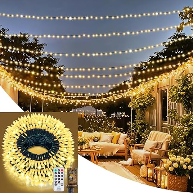 Solhice 300ft String Lights Outside with Remote, 800 LED Waterproof Extra Long Twinkle String Lights, Plug in Fairy Light for Outdoor Indoor Garden Decor, Warm White, Dark Green Wire