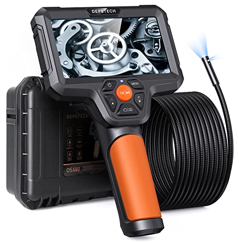 DEPSTECH 5.0MP Dual Lens Borescope, 5' IPS Screen Endoscope with Light, Industrial Video Inspection Tool, 10ft Gooseneck Snake Camera, Waterproof for Wall, Pipe, Automotive