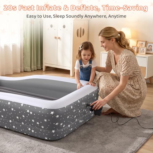 Image of Toddler Air Mattress Inflatable Kids Bed Blow Up Travel Mattress Rails Grey | 4-Sided Safety Rails, 30% Thicker Puncture-Resistant PVC, 20S Fast Inflation, Indoor & Outdoor Kids Bed with Pump & Pillow