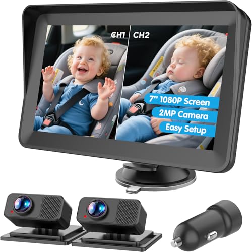 Image of Baby Car Camera for 2 Kids, Dual Cams with IR Night Vision 7" IPS Split Screen HD 1080P & 150° Wide Angle - USB Powered Easy Install