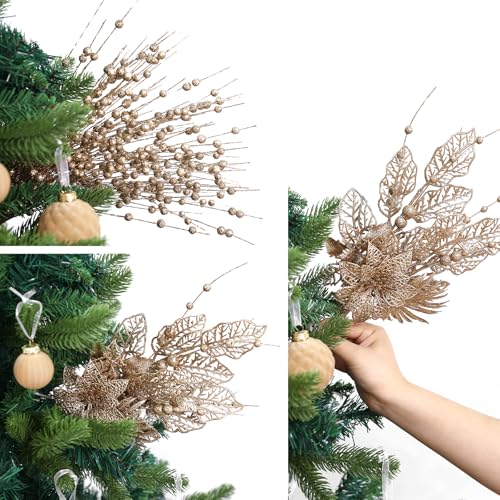 24 Pack Christmas Tree Ornaments - Artificial Flowers Glitter Berry Stems Christmas Floral Picks Branches for Xmas Tree Decorations Vase Filler Holiday Wedding Party Home Decor (Champagne) - image 6
