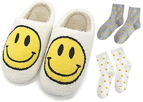 Smile Slippers With 2 Pair Smile Socks For Women,Cozy Plush Comfy Warm Slip-On Slippers Smile Indoor House Shoes Black (White, 8.5, numeric_8_point_5)
