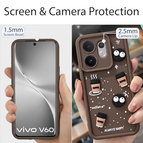 Image of DARKFIT Back Case Cover Compatible for Vivo V60 5G | Cute Fun Cartoon 3D Ball | Coffee Silicone Case | Case Cover with Camera & Body Protection | Shock Proof | for Vivo V60 5G | Color Brown