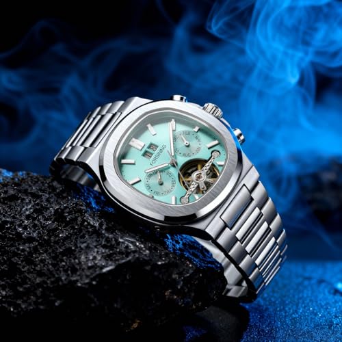 Image of FORSINING Automatic Mechanical Watch for Men, Classic Square Case, Tourbillon Dial, Multifunctional (Date /Week /Month) Business Casual Wristwatch with Stainless Steel Starp Waterproof Luminous