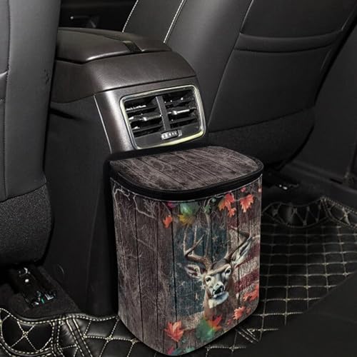 Image of Talayituse Deer Wood American Flag Print Car Trash Can, Portable Auto Garbage Bin Multifunctional Vehicle Interior Accessories with Adjustable Straps Universal Fit Truck SUV Sedan