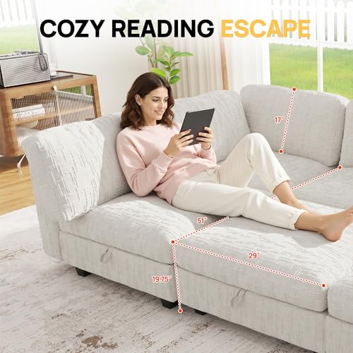 Image of 128 inch Modular Sectional Chenille Sofa bed with Hidden Storage, Comfy Modern 8 Seater Oversized Deep Seat Couch, Modular Sectional with Ottoman and Removable Cover for Living Room, Apartment, Beige