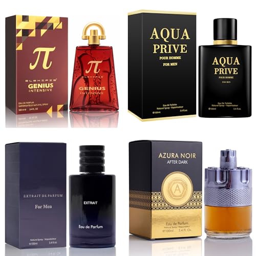 META-BOSEM Mens Cologne Set, Eau de Parfum, 4 Pack (3.4 oz / 100 mL Each), Genius Intensive, Azura Noir After Dark, Savage, AQUA PRIVE, City Nights Elite, for workdays to weekends