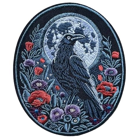 4" Raven Moon Flowers Embroidered Iron-on Patch, Viking Badge, Gothic, Crow Gifts Cover