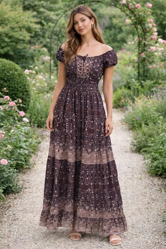 Image of Elegant Printed Off-Shoulder Maxi Dress for Women | Floral Boho Women Dress Summer Women One Piece with Puff Sleeves | Lightweight Party Vacation Casual Wear Long Maxi Dress