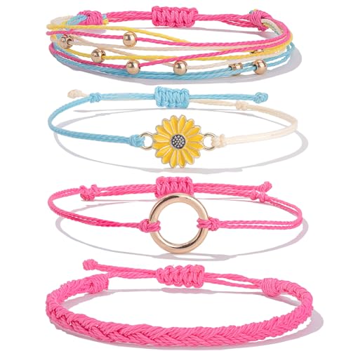 Image of Stackable Sunflower String Bracelets Cute Boho Braided Summer Beach Jewelry