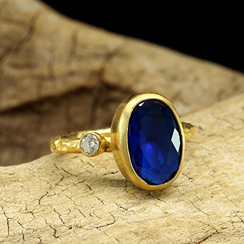 Blue Color Faceted Cubic Zirconia Ring 925 Sterling Silver 24K Yellow Gold Vermeil Handcrafted Hammered Handmade Artisan Right Hand Ring
