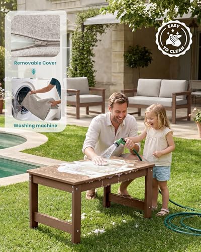 Image of SERWALL 5 Pieces HDPE Outdoor Sofa Set with Cushions, All Weather Couch Conversation Set, Loveseat Social Furniture Chairs with Coffee Table, Brown Frame /Khaki Cushion