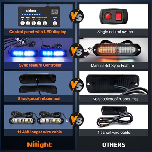 Image of Nilight 8PCS Led Strobe Lights with Controller 12V 24V Sync Blue White | 12 LED Surface Mount Emergency Hazard Warning Lights with Strobe Controller for Vehicle Car Truck RV ATV