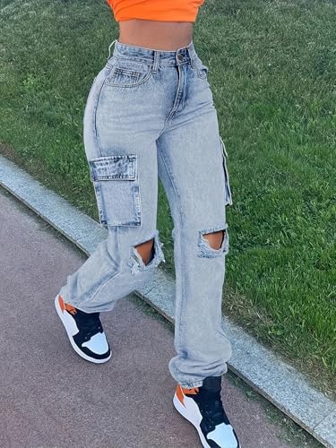 Women's Distressed Cargo Jeans Ripped Knees Wide Leg Loose Long Denim Pants with Side Pockets Streetwear Boyfriend2