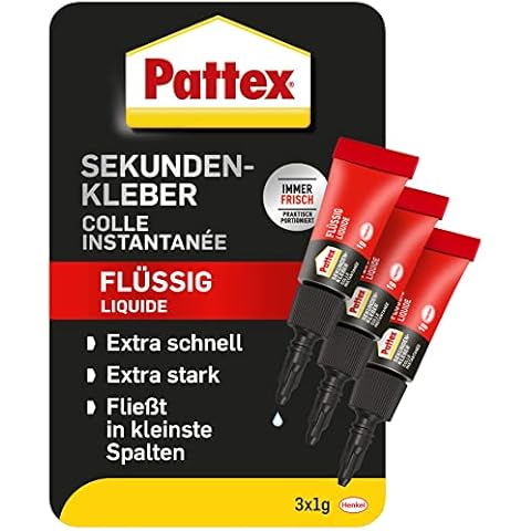 Pattex Sekundenkleber Flüssig Mini Trio, spülmaschinenfester Superkleber in 3 praktischen Tuben, schnelltrocknender farbloser Flüssigkleber, 3 x 1g, mehrfarbig Cover