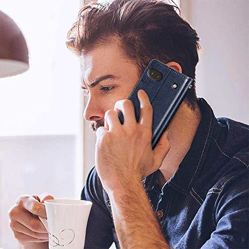 Image of FLIPPED Vegan Leather Flip Case Back Cover for Google Pixel 6A (Flexible, Shock Proof | Hand Stitched Leather Finish | Card Pockets Wallet & Stand | Blue with Black)
