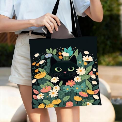 Bolso tote de lona con estampado de gato, bolso reutilizable para compras y desplazamientos miniatura 3
