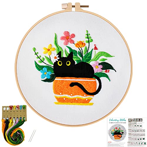 Image of Louise Maelys Black Cat Embroidery Kit for Beginners Botanical Craft | Cross Stitch Kits Include Pre-Printed Fabric, Embroidery Hoop, Threads, Needles and Guide. Needlepoint Kit for Adults