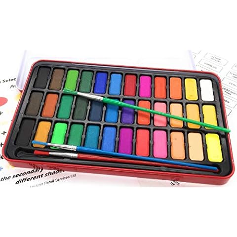 Lexicon Select Water Colour Paint Block Tin with 36 Colours, Paintbrush & Colour Mixing Chart Cover