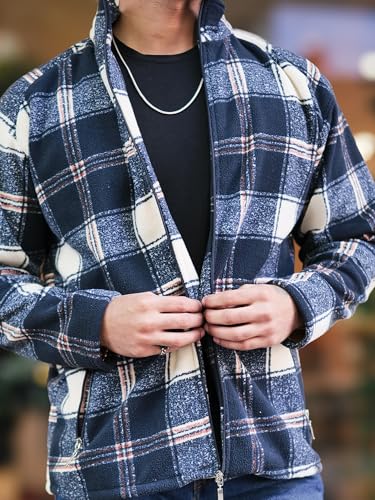Image of Maniac Mens Checkered Full Zipper Fullsleeve Polyester Blend Fleece Shacket for Men