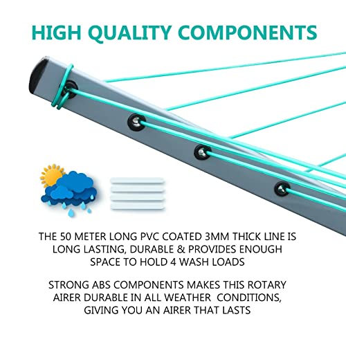 1 Click Buy Heavy Duty 4 Arm Rotary Airer Clothes Garden Washing Line Dryer Folding Outdoor Rotary Clothes 50m Airer/Dryer Washing Line With Ground Spike Or Socket And Waterproof Protective Cover - Image 3