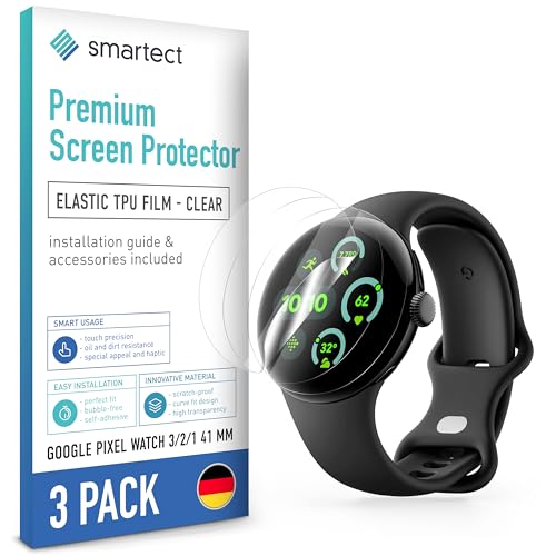 smartect TPU Protector de Pantalla [3 Piezas, Clear] para Google Pixel Watch 3/2 / 1 41 mm, Cubre toda la Pantalla, Película Protectora sin Burbujas, Anti-huella
