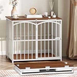 HOOBRO Foldable Dog Crate Furniture, 31.5″ Indoor Dog Kennel No Assembly, Wooden Dog Cage Decorative Side End Table, for Medium Small Dogs, White and Walnut WH86GW03