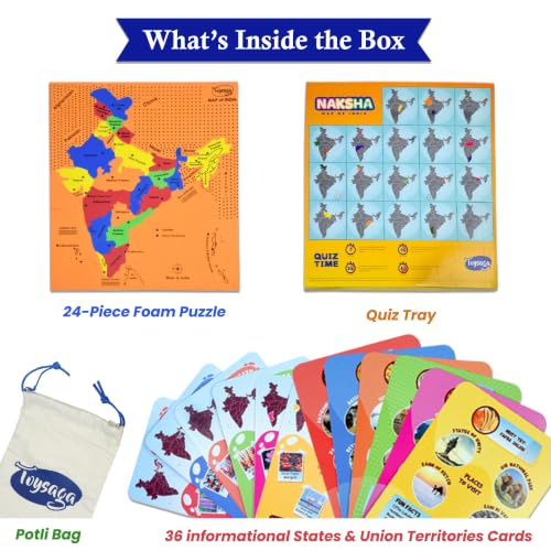 Image of Naksha India Map Puzzle & Flash Cards, 24 Pieces Jigsaw Puzzle, 36 State & Capital Cards and Quiz Tray, Educational Toy and Learning Aid for Boys and Girls, for Kids - 3+ Years