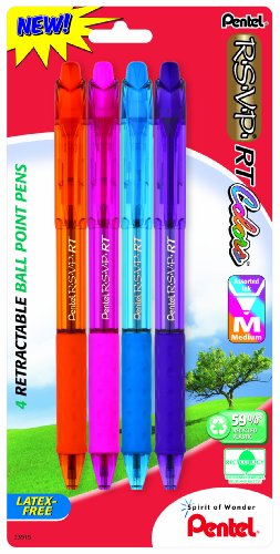 Pentel R.S.V.P. RT Colors New Retractable Ballpoint Pen, Medium Line, Assorted Ink Colors, 4 Pack (BK93CRBP4M)
