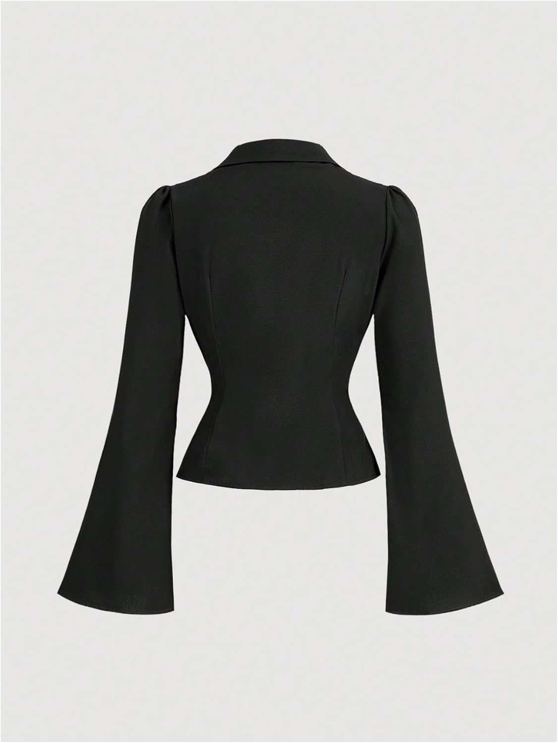 MakeMeChic Women's Bell Sleeve Button Down Shirt V Neck Ruched Collared Work Blouse Tops - Image 2