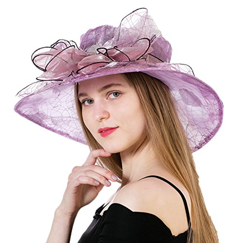 DANTIYA Women's Polka Dot Kentucky Derby Hats Church Hat Tea Party Wedding Organza Hats (Purple)