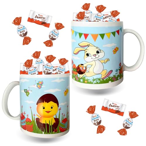Assortiment de Chocolats de Pâques | 2 Mugs Poussin et Lapin garnis de 20 bonbons de chocolats : Kinder Schokobons et Mini- Bueno | Coffret Idéal à Offrir...
