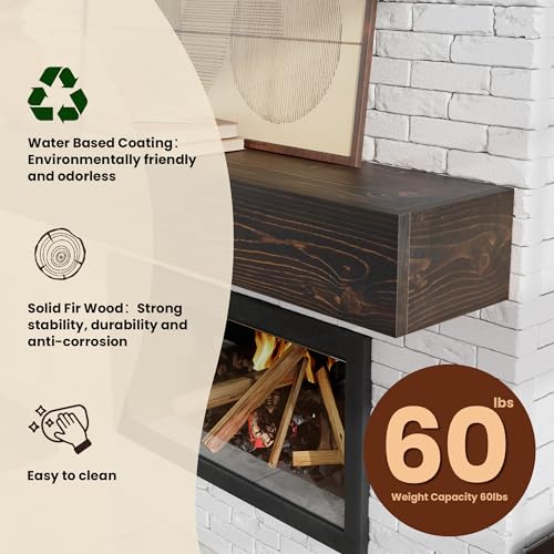 Image of Fireplace Mantel - Floating Mantel Shelf, Wood Mantels for Over Fireplace, Wall-Mounted Mantels, Weight Capacity 60lbs, 48 X 9 X 6 inch, Walnut
