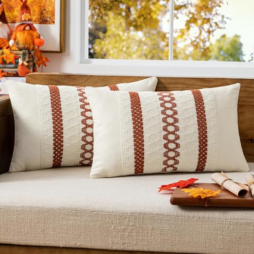 Image of MIULEE Set of 2 Burnt Orange Decorative Lumbar Pillow Covers 12x20 Inch | Fall Farmhouse Boho Couch Throw Pillows Modern Cushion Covers Macrame Woven Home Decor for Bed Sofa Chair